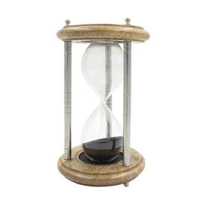 Brass-Wooden Hourglass 10 min with Engraving - Elegant Black Gift, Height 25 cm, Made of Metal, Glass, and Mango Wood