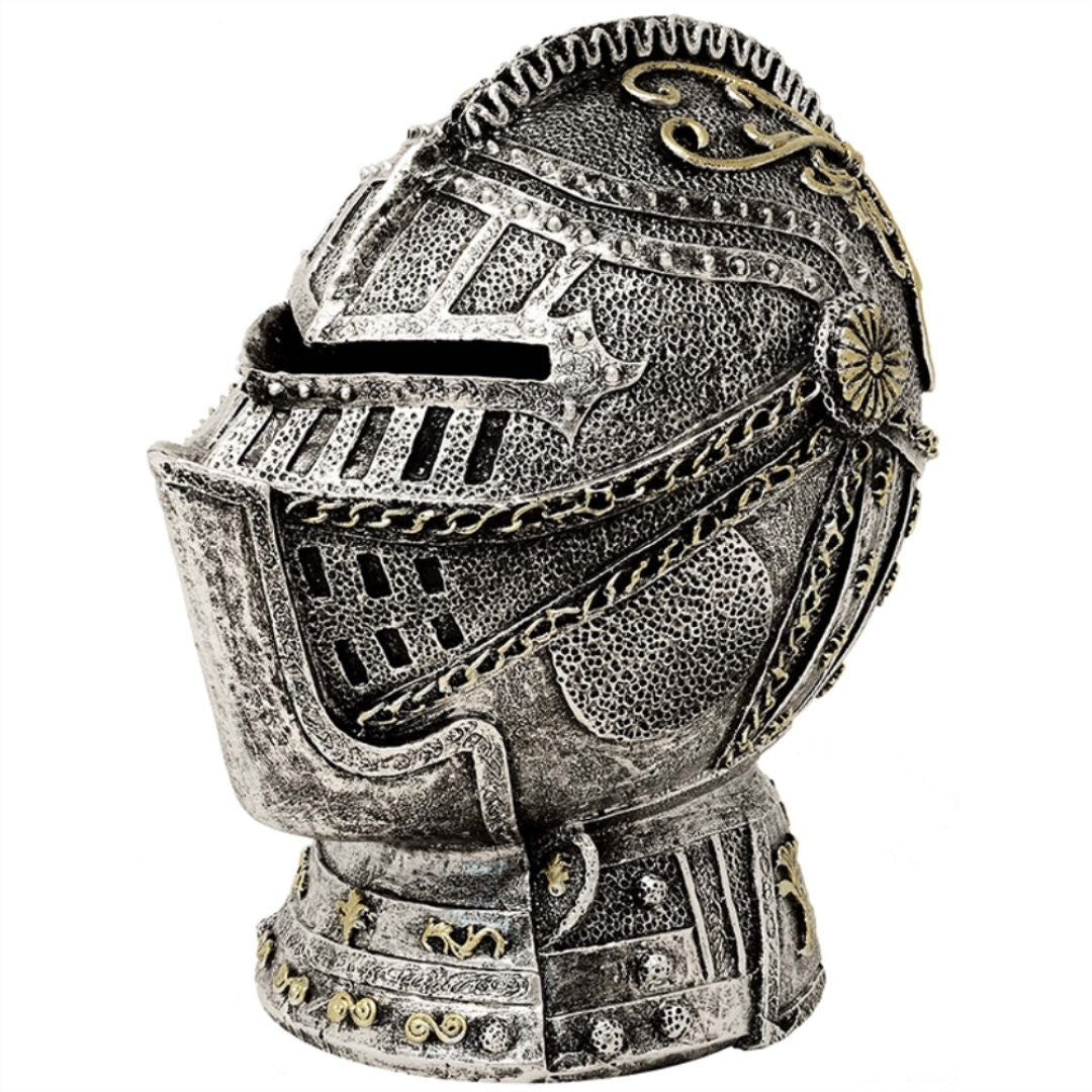 Decorative Knight's Helmet Money Box with Engraving – Antique Silver, 13 cm