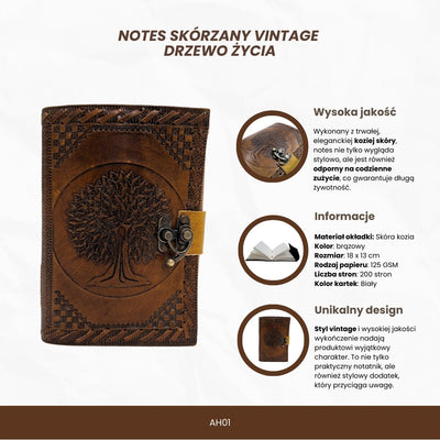 Vintage Retro Leather Notebook 200 Pages – Tree of Life - AH01