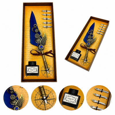 Retro Calligraphy Set with Blue Goose Quill Vintage 6 Nibs Ink Gift – EE11