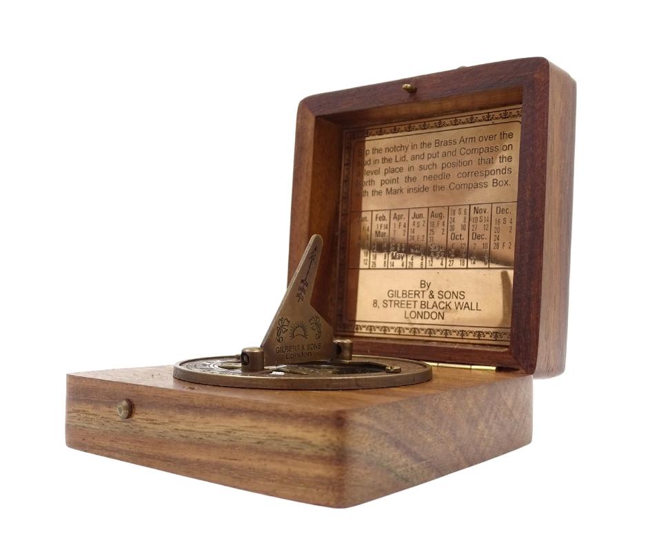 Compass with Gilbert Sundial in Wooden Case with Personalized Engraving Option