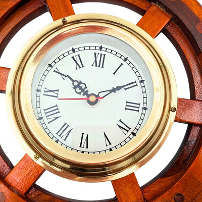 Nautical Clock in a Wooden Ship's Wheel with Brass