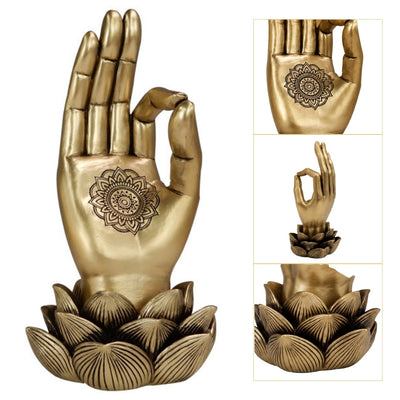 Gold Buddha Hand Mudra OM Figurine - Yoga Lotus Flower - 43724