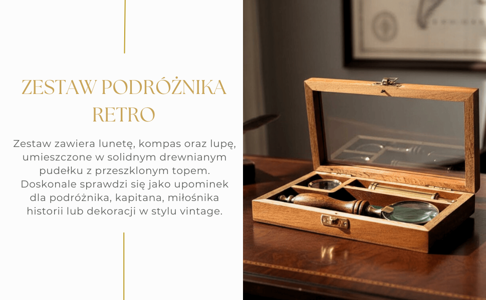 Traveler's Set – Spyglass + Compass + Magnifying Glass in a Wooden Box – NC2677AZ