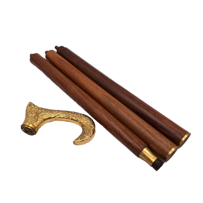 Wooden Walking Cane with Golden Handle - Foldable - Elegant Gift with Personalized Engraving Option - 91.5 cm, Brown with Brass Grip