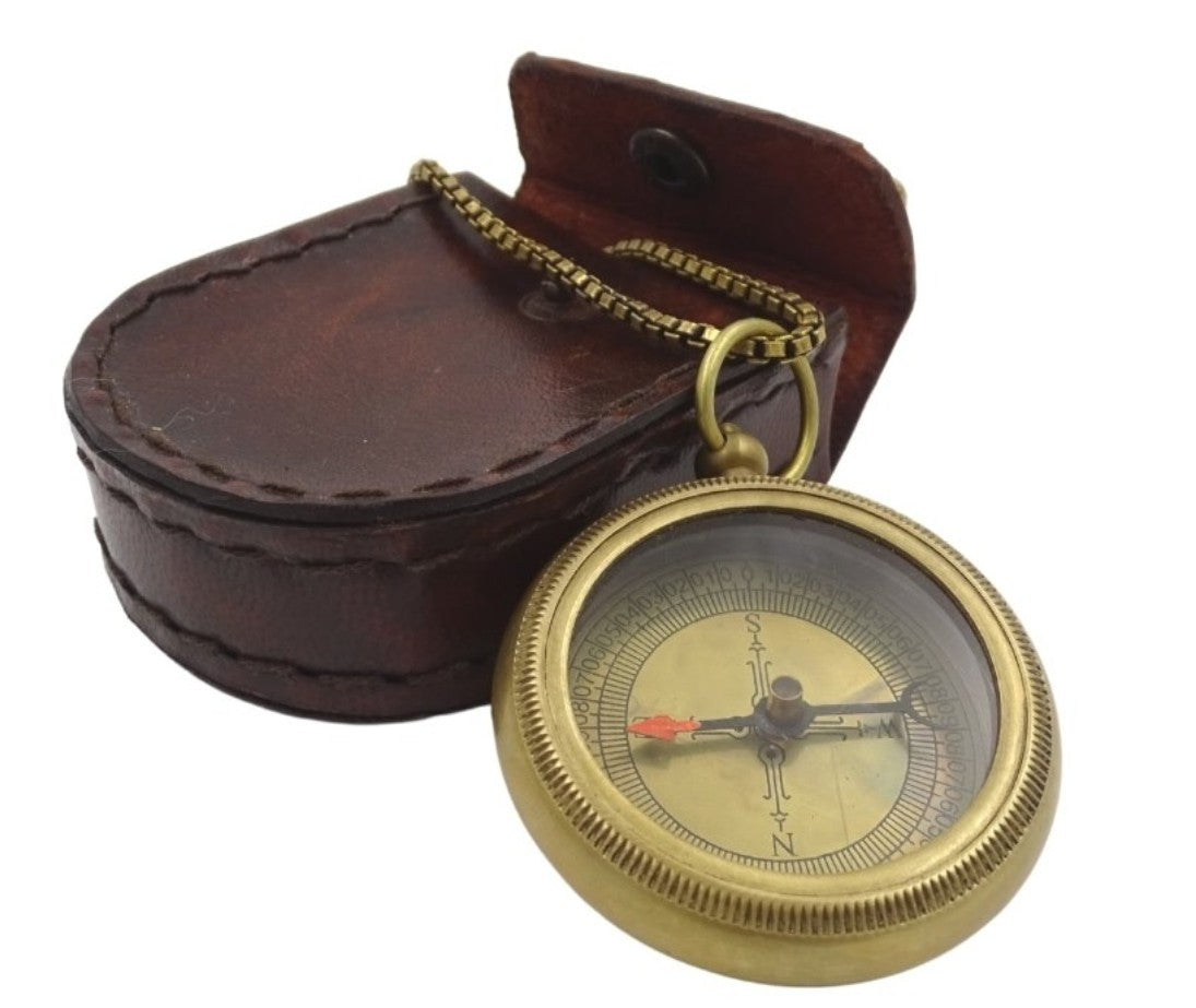 Stylish Brass Compass with Chain in Leather Case - COM-0470A