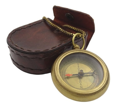 Stylish Brass Compass with Chain in Leather Case - COM-0470A