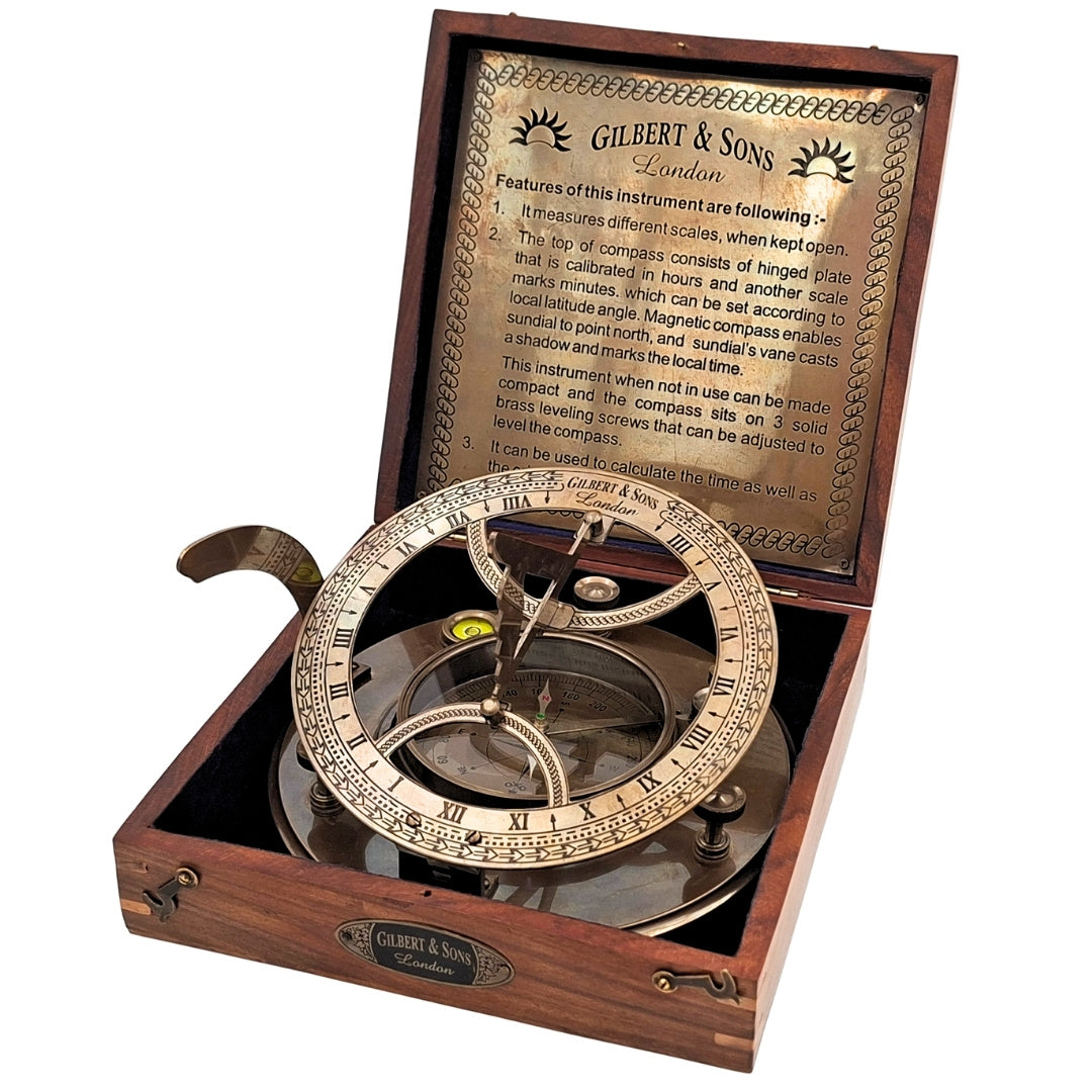Large Brass XXL Compass with Sundial in Elegant Wooden Box