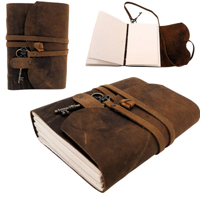 Retro Leather Notebook with Key and Strap 200 Pages 18 x 13 cm - AH02
