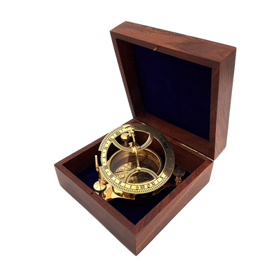 Brass Dollond Compass in Wooden Box with Sundial Function - Perfect Gift with Engraving Option - Antique Style, Dimensions 7.5 x 7.5 x 3 cm