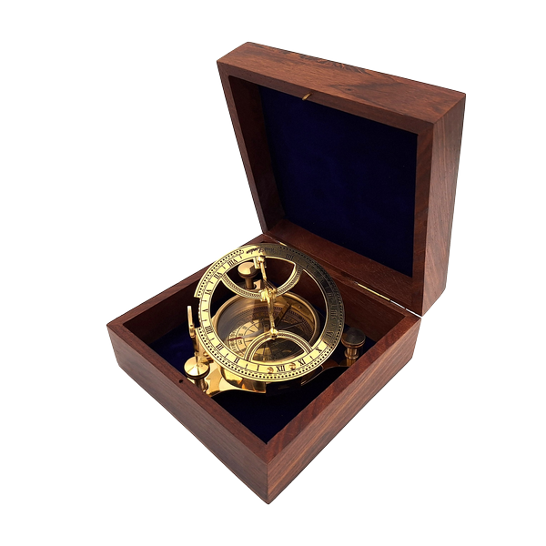 Brass Dollond Compass in Wooden Box with Sundial Function - Perfect Gift with Engraving Option - Antique Style, Dimensions 7.5 x 7.5 x 3 cm