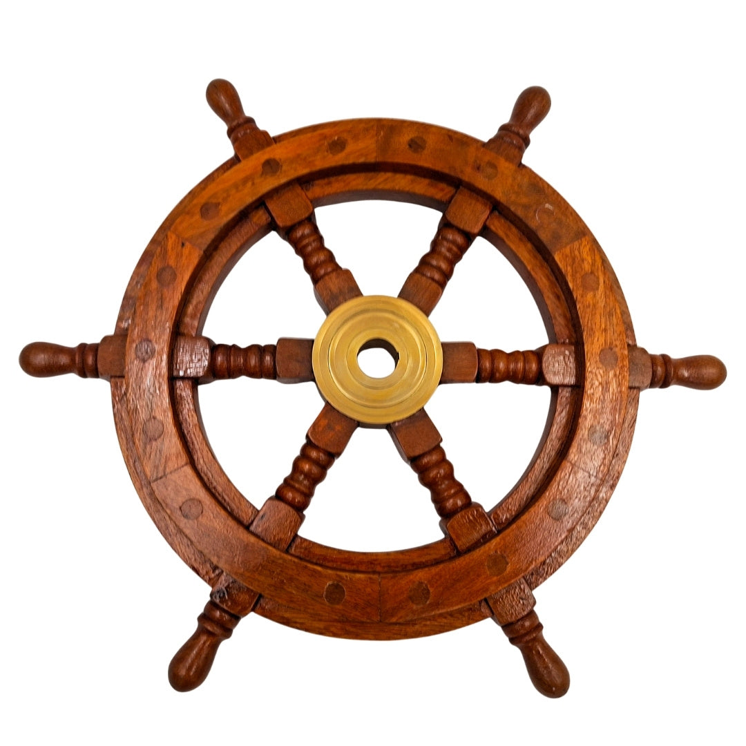 Wooden Ship's Wheel with Brass Insert and Slot for Wedge - Diameter 30 cm - Perfect Gift with Personalized Engraving Option - Nautical and Retro Style