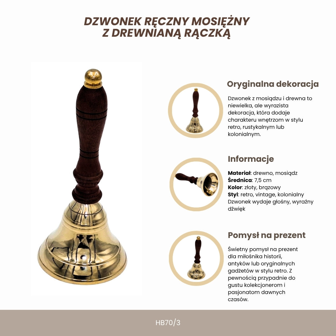 Brass Hand Bell with Wooden Handle – Retro – HB70/3