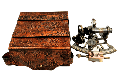 Brass Retro Sextant in Leather Case - Elegant Navigational Instrument with Engraving Option - Ideal Gift for Sailing and History Enthusiasts - Dimensions 13x12x7 cm