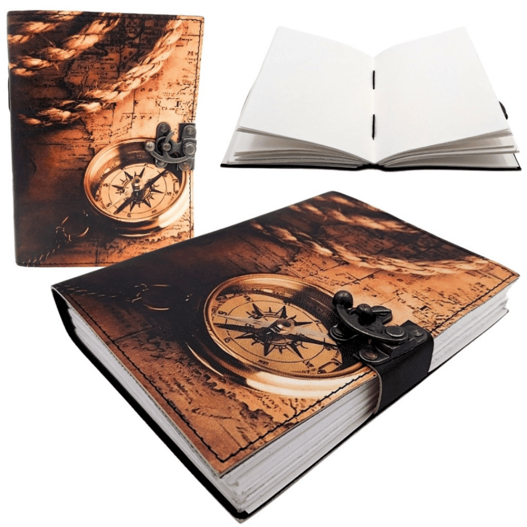 Leather Notebook Compass Retro Vintage 200 Pages – Gift for a Traveler - AH10A