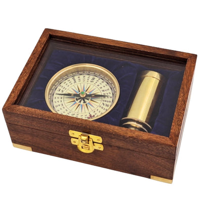 Gift Set with Brass Compass and Telescope in an Elegant Wooden Box with Engraving
