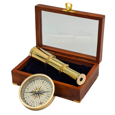 Gift Set with Brass Compass and Telescope in an Elegant Wooden Box with Engraving