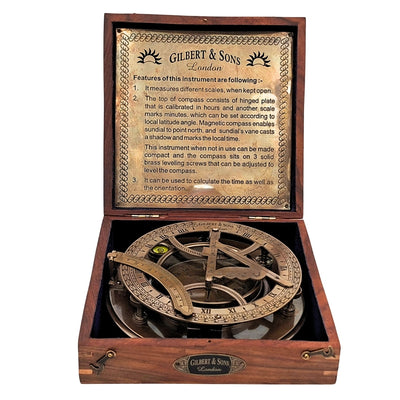 Large Brass XXL Compass with Sundial in Elegant Wooden Box