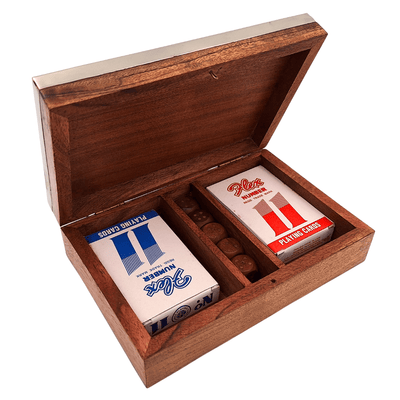 Two Decks of Cards and Dice in a Wooden Box with an Aluminum Top - DC-004