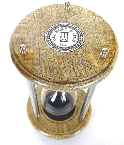 Brass-Wooden Hourglass 10 min with Engraving - Elegant Black Gift, Height 25 cm, Made of Metal, Glass, and Mango Wood