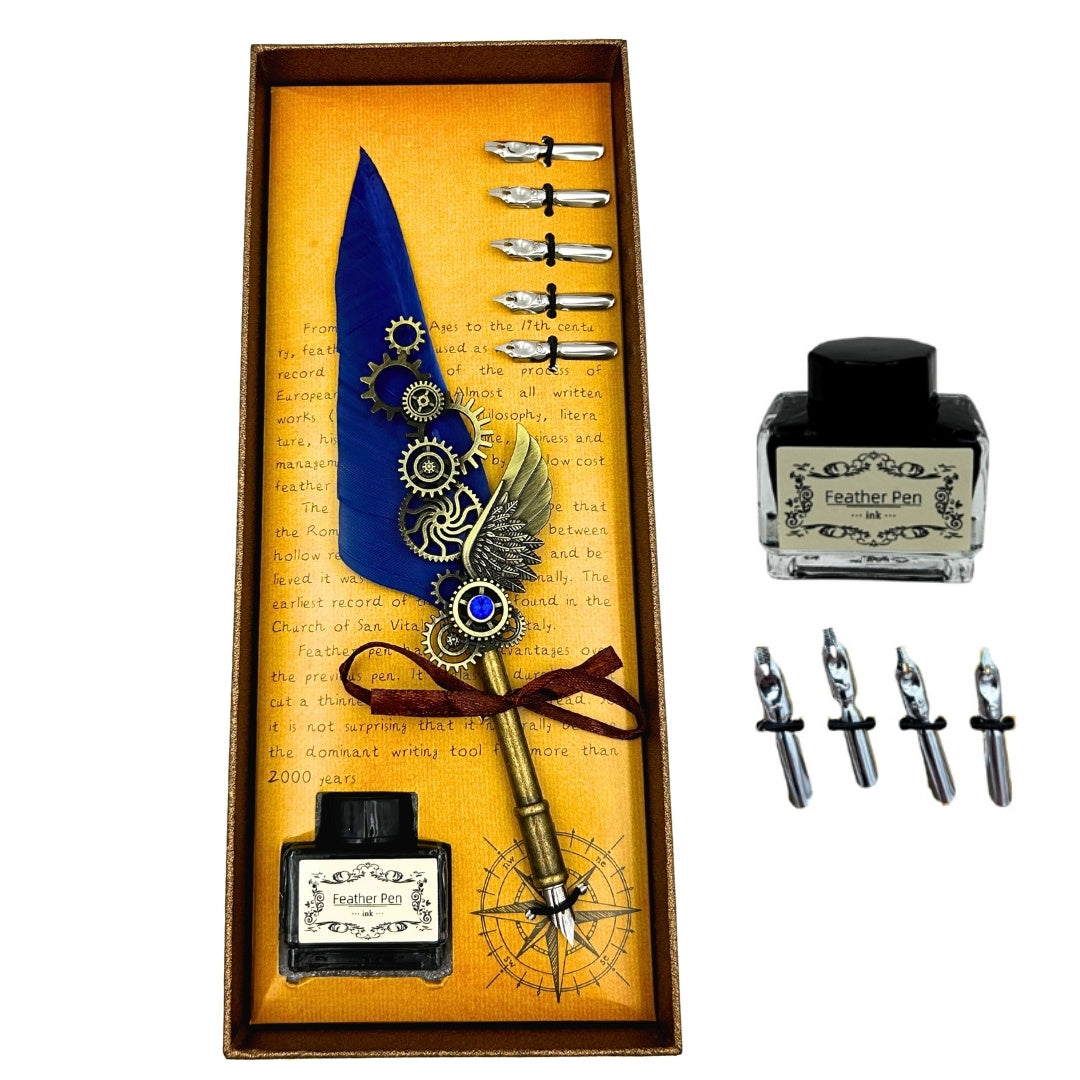 Retro Calligraphy Set with Blue Goose Quill Vintage 6 Nibs Ink Gift – EE11