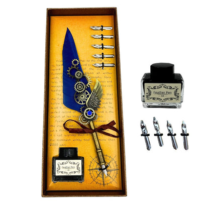 Retro Calligraphy Set with Blue Goose Quill Vintage 6 Nibs Ink Gift – EE11