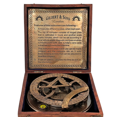 Large Brass XXL Compass with Sundial in Elegant Wooden Box