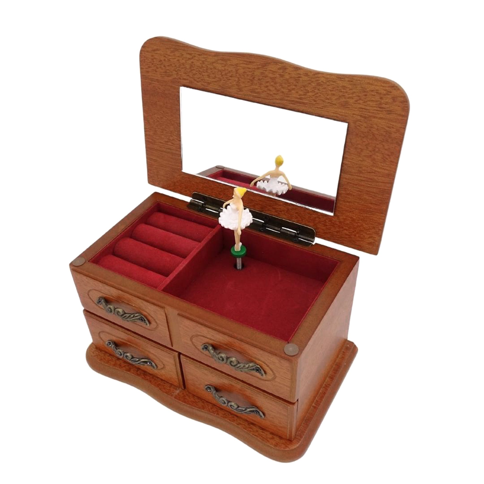 Wooden Music Box with Mirror and Engraving – an Elegant Jewelry Gift with Two Drawers, Height 10 cm, Melody “The Entertainer”