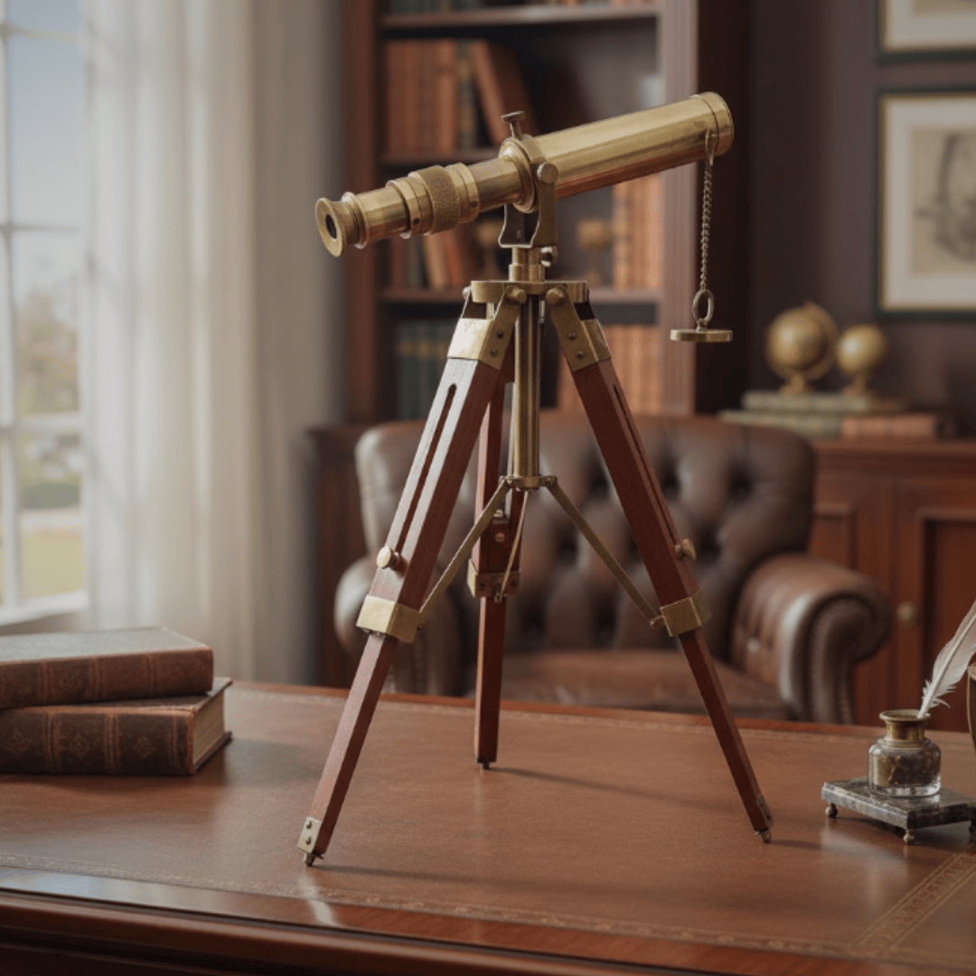 Retro Brass Spyglass on a Wooden Tripod – Adjustable Height – SR010