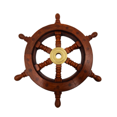 Wooden Ship's Wheel with Brass Insert and Slot for Wedge - Diameter 30 cm - Perfect Gift with Personalized Engraving Option - Nautical and Retro Style