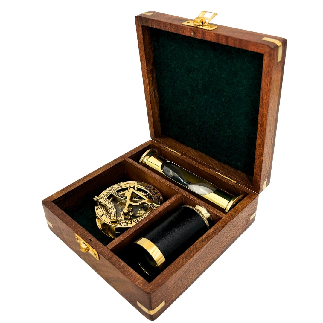 Retro Gift Set with Engraving – Brass Compass, Folding Telescope, Hourglass in a Wooden Box