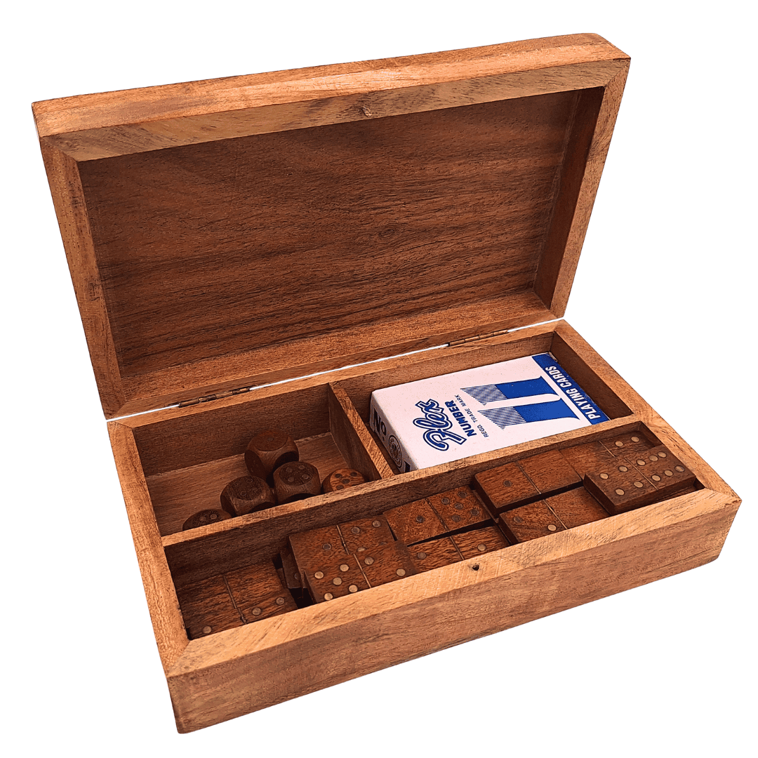 3-in-1 Game Set in a Wooden Box: Cards, Dominoes, Dice - DNU-011