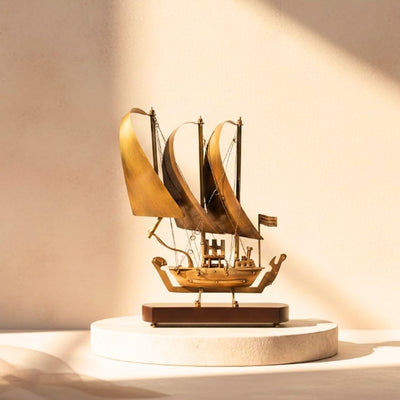 Large Brass Ship on a Wooden Base - 38cm - N-3615B