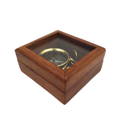 Stylish Vintage Brass Compass Keychain in a Wooden Box