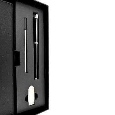 Elegant Premium Gift Set – A5 Notebook with Pen and 16GB Flash Drive in Box – Black and Gold – EE9