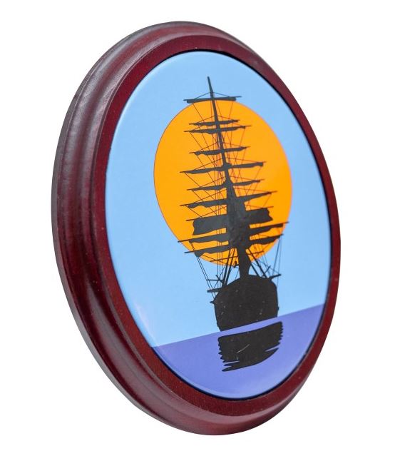Sailing ship sunset picture - wooden frame - enamel sign - nautical decoration