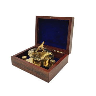 Brass Dollond Compass in Wooden Box with Sundial Function - Perfect Gift with Engraving Option - Antique Style, Dimensions 7.5 x 7.5 x 3 cm