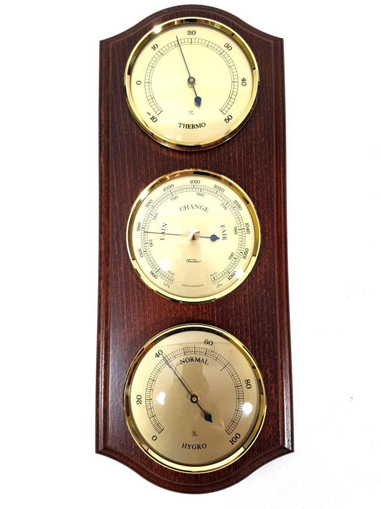 Fischer weather station - barometer hygrometer thermometer - brass wood - 9176-22