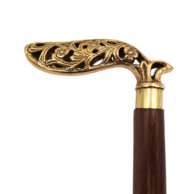 Folding Wooden Walking Stick with a richly decorated handle - DNU-014A