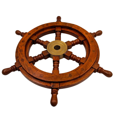 Wooden Ship's Wheel with Brass Insert and Slot for Wedge - Diameter 30 cm - Perfect Gift with Personalized Engraving Option - Nautical and Retro Style