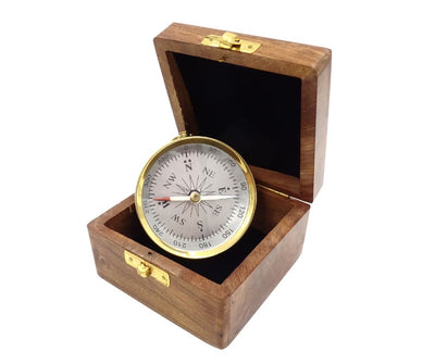 Brass Compass in a Wooden Box - C35A