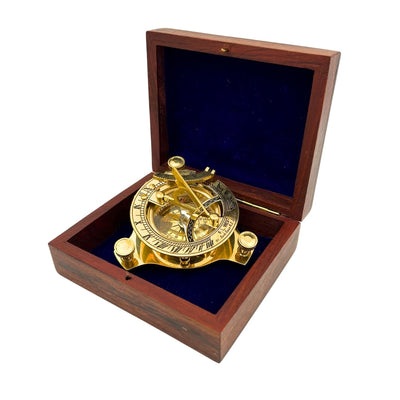 Brass Dollond Compass in Wooden Box with Sundial Function - Perfect Gift with Engraving Option - Antique Style, Dimensions 7.5 x 7.5 x 3 cm