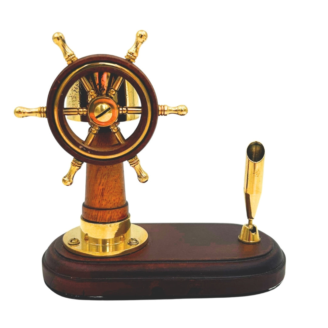 Elegant Desk Set: Ship's Wheel and Compass with Pen Holder – Wood, Brass – TT017