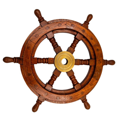 Wooden Ship's Wheel with Brass Insert and Slot for Wedge - Diameter 30 cm - Perfect Gift with Personalized Engraving Option - Nautical and Retro Style