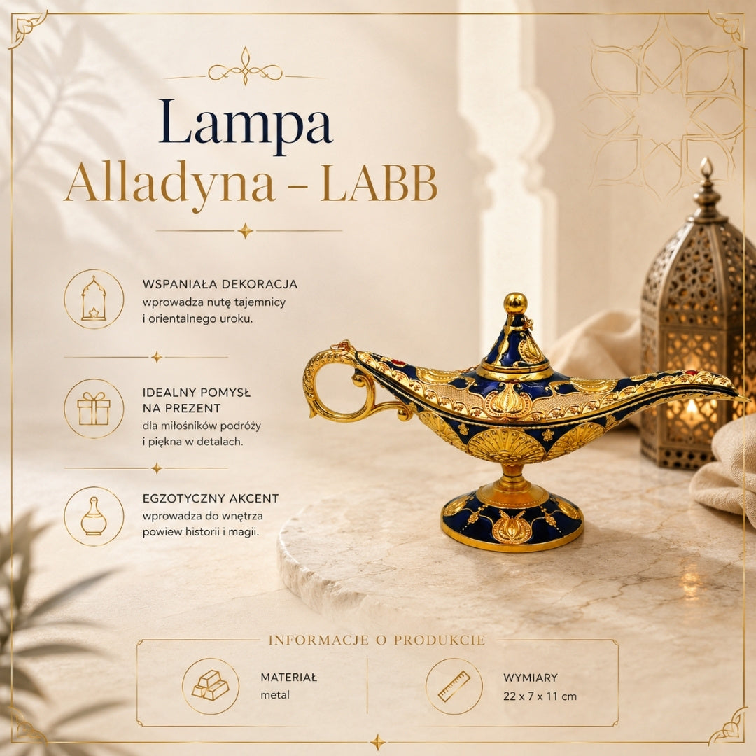 Alladin's Lamp LABB with metal decorations in gold color, dark navy blue, 22 x 7 x 11 cm