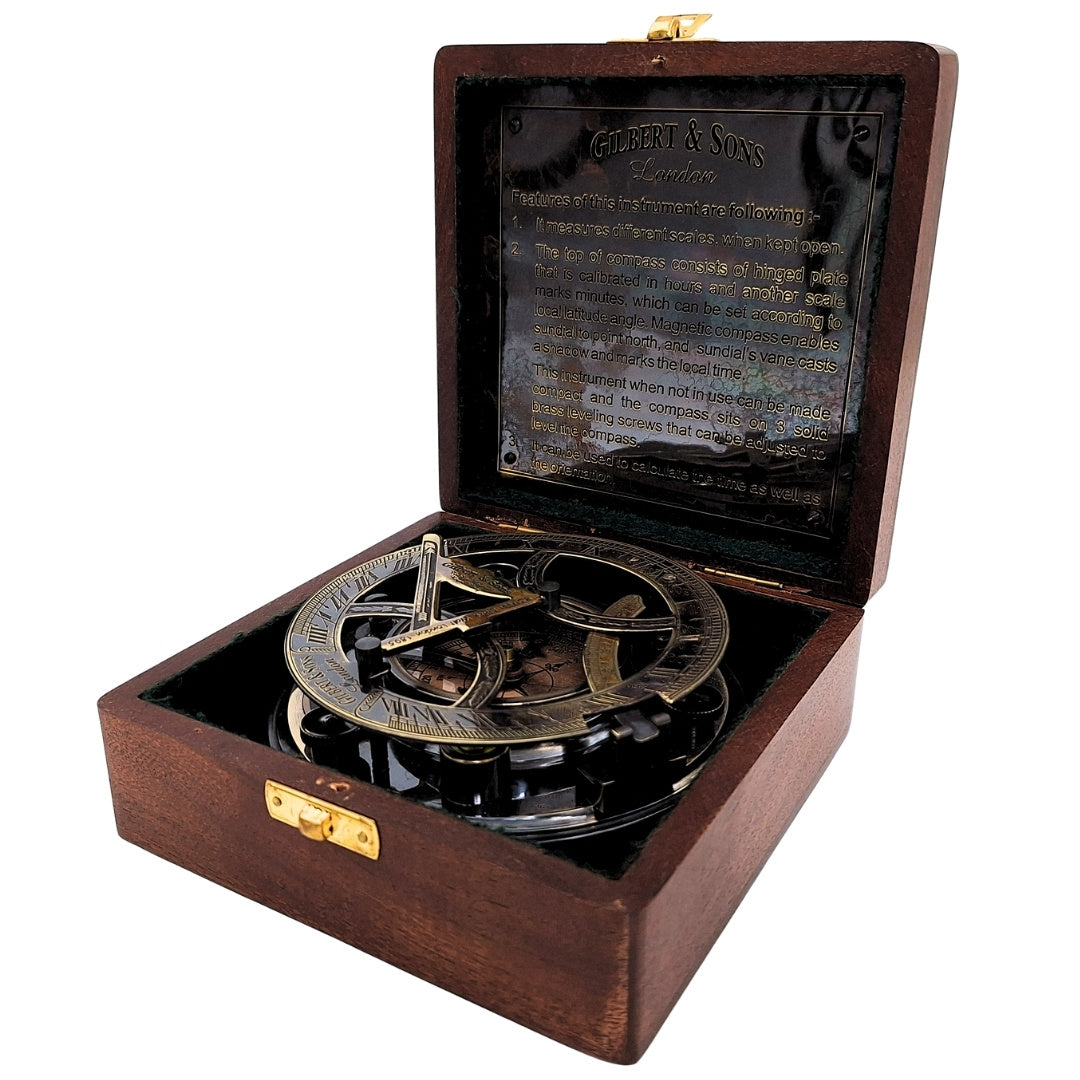 Brass Compass Sundial in a Wooden Box with Engraving Option