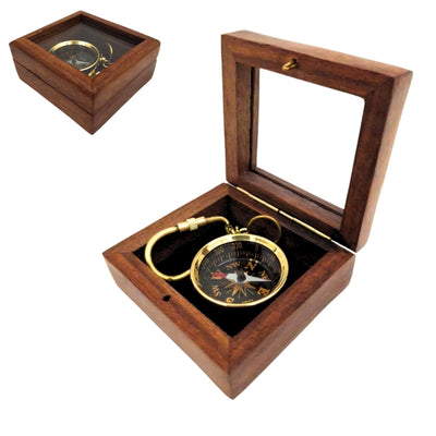 Stylish Vintage Brass Compass Keychain in a Wooden Box