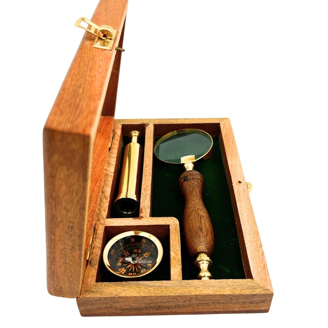 Traveler's Set – Spyglass + Compass + Magnifying Glass in a Wooden Box – NC2677AZ