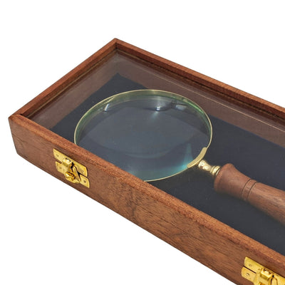 Magnifying Glass with Wooden Handle and Brass Finish in an Elegant Box with Glass Top - Ideal Gift with Engraving Option - Dimensions 23 x 10 cm, Natural Materials