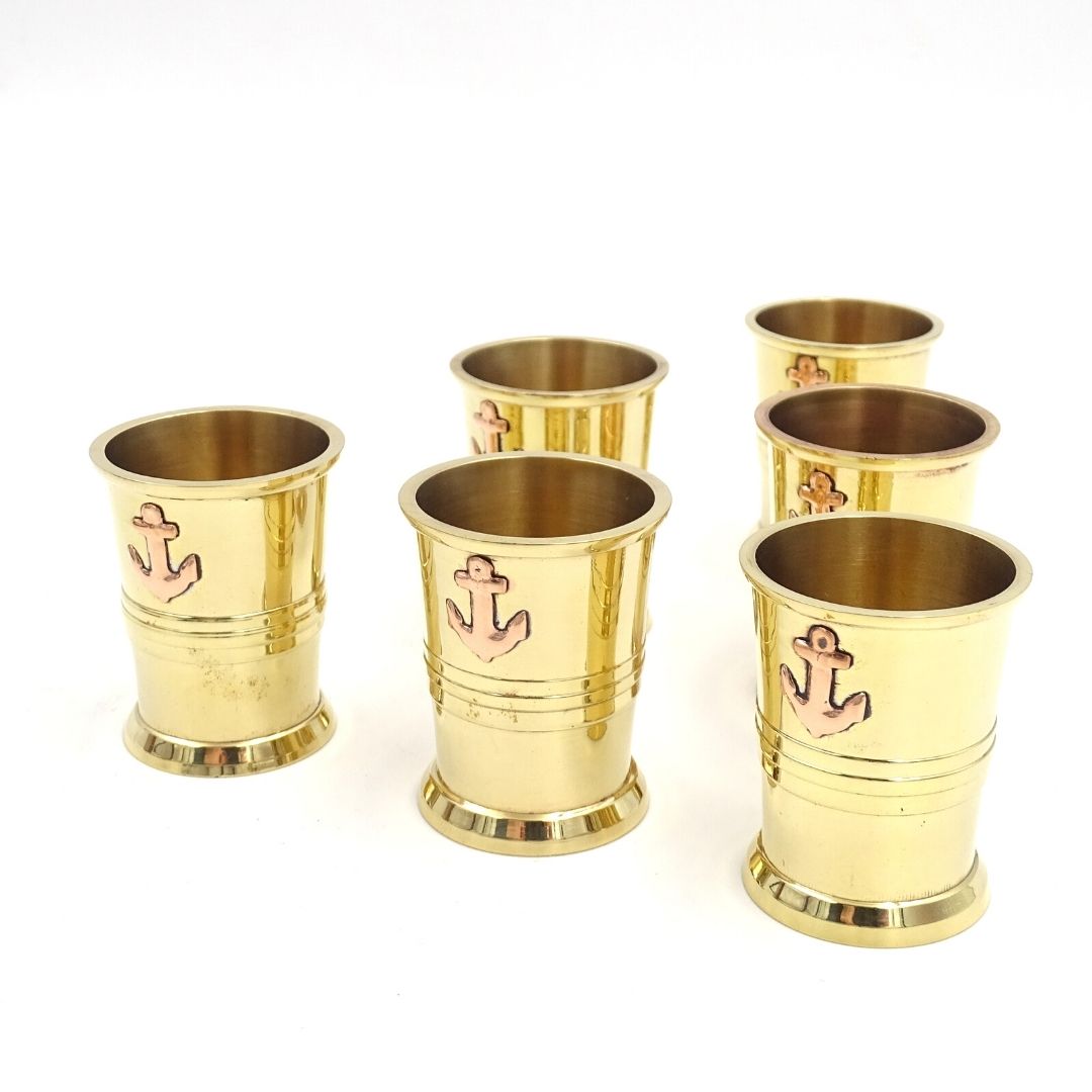 Set of 6 Metal Shot Glasses with Anchor in Wooden Box - Perfect Gift with Personalized Engraving Option - Golden Brass, 50ml Capacity, Elegant Design for Nautical Enthusiasts